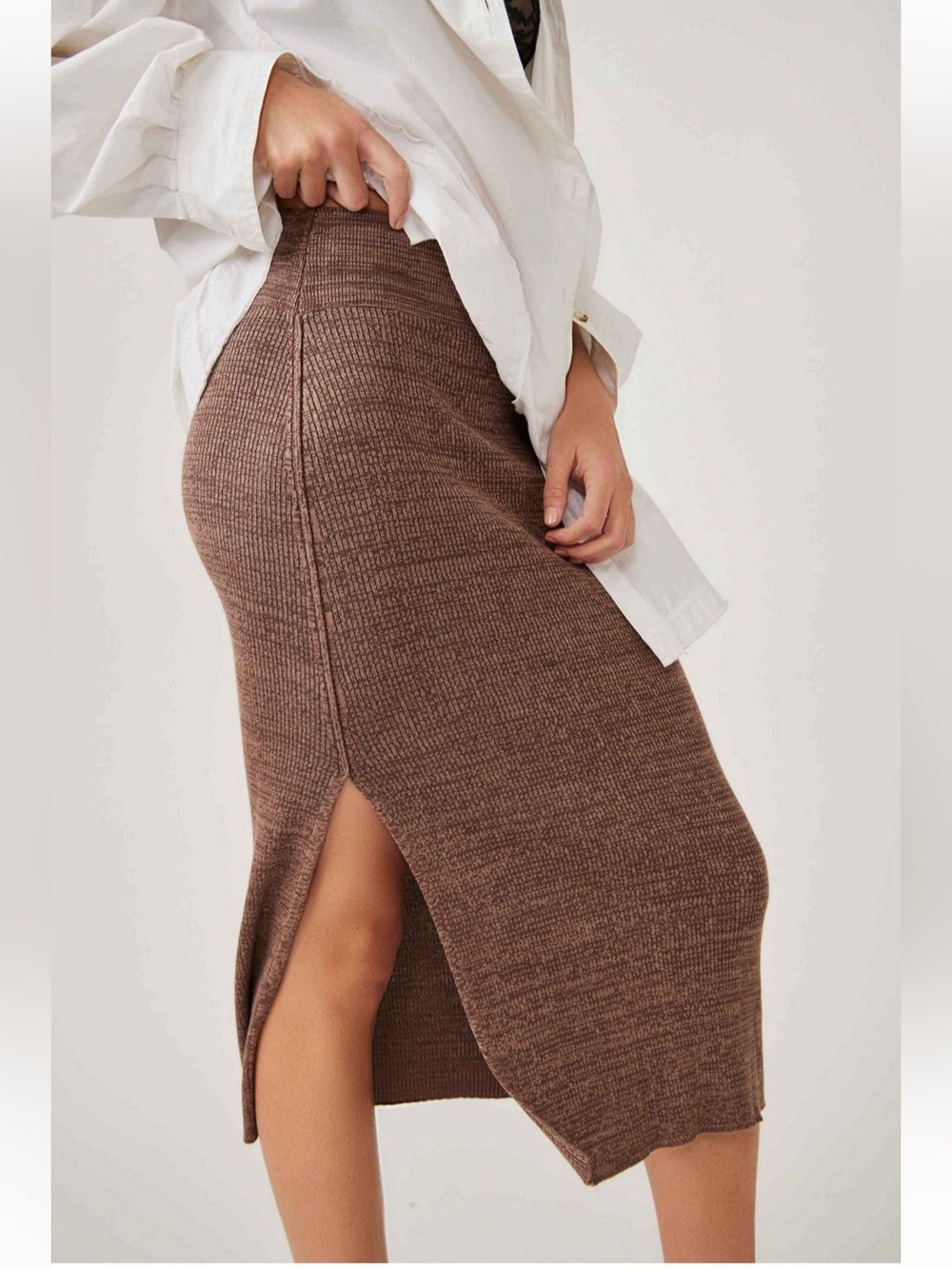 Free People Golden Hour midi skirt Chocolate Brown Knit Sweater Skirt Slit Sz XL